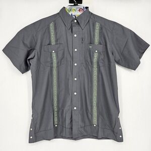 Texas Standard Guayabera Libre Shirt Mens Small Green‎ Embroidered Western Gray